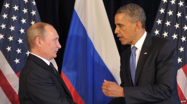 باراک اوباما رییس جمهور آمریکا (راست) ولادیمیر پوتین رییس جمهور روسیه