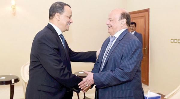 عبدربه منصور هادی رئیس جمهور یمن و اسماعیل ولد الشیخ احمد فرستاده سازمان ملل به یمن
